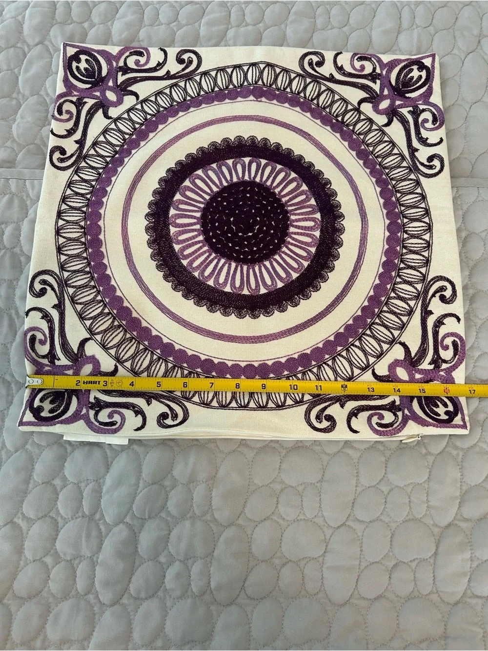 Purple & Off White embroidered Boho Mandala Pillow Sham Cover 17” x 17”